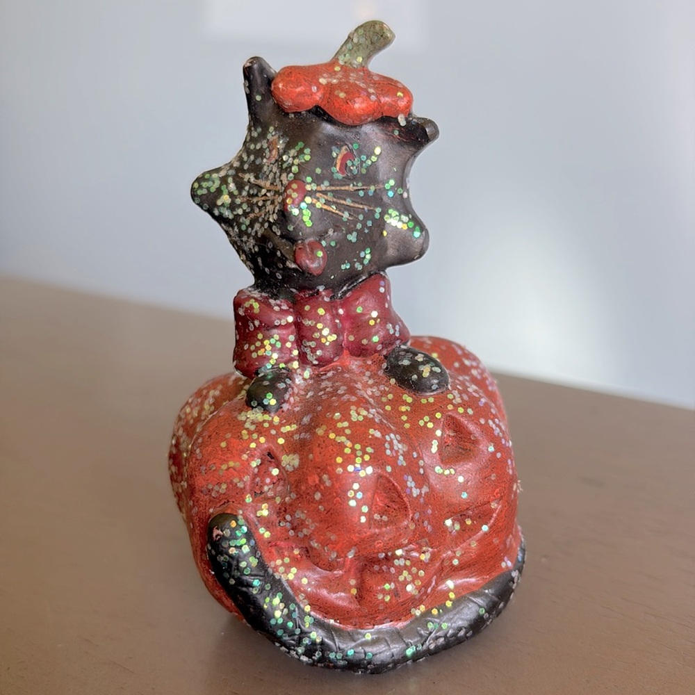 Vintage Halloween Black Cat In Pumpkin Glitter Home Fall Decor Collectible Item